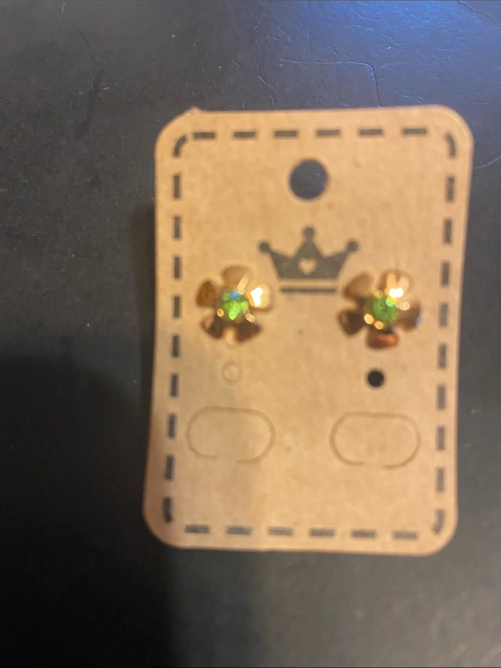 Gold Flower Stud Earrings for Kids - Green and Iridescent Stones